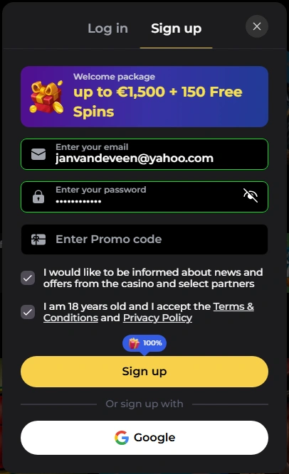 Registratie bij VIPZino Casino